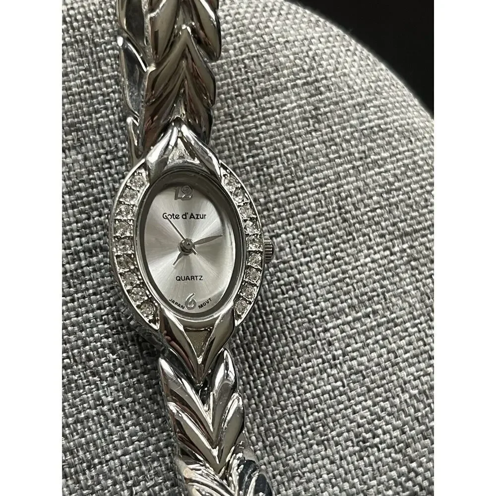 Cote d' Azur Watch Women Rhinestones White Dial Oval Silver Band Career Office